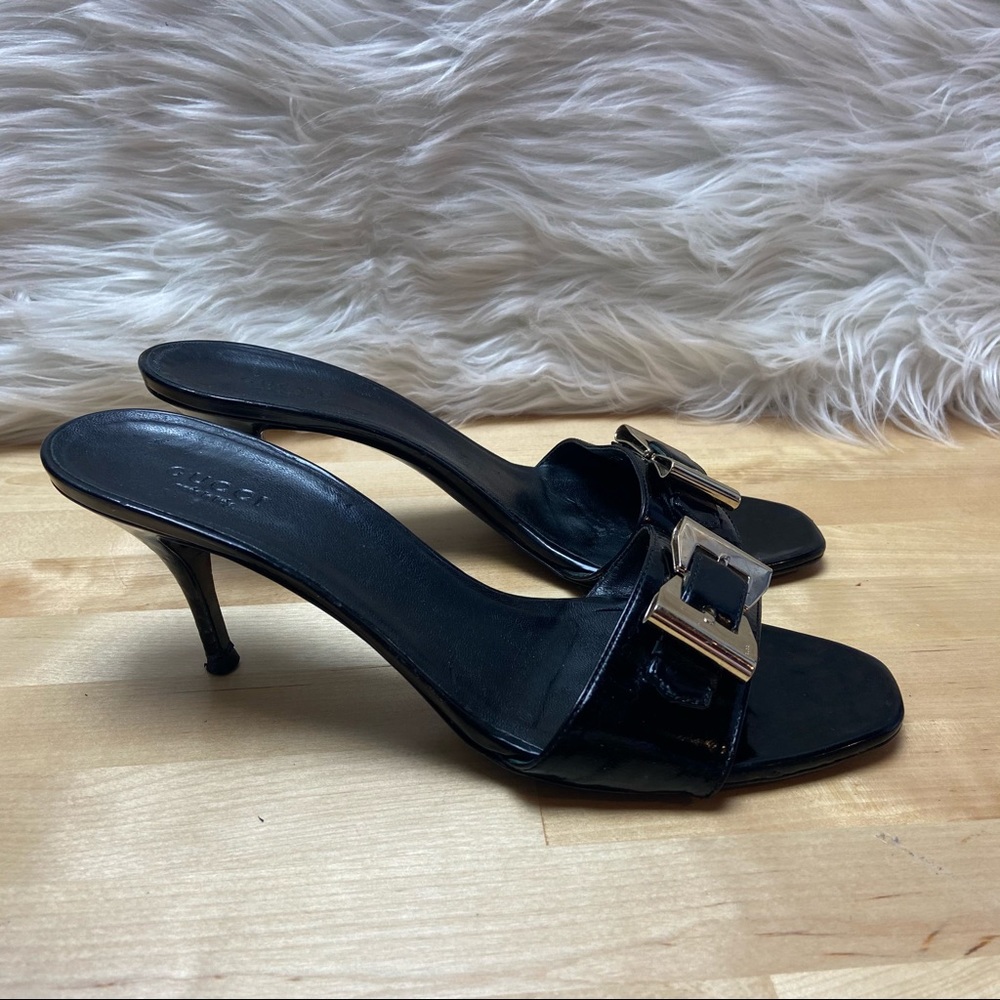Gucci Black Patent Double Buckle Detail Slides